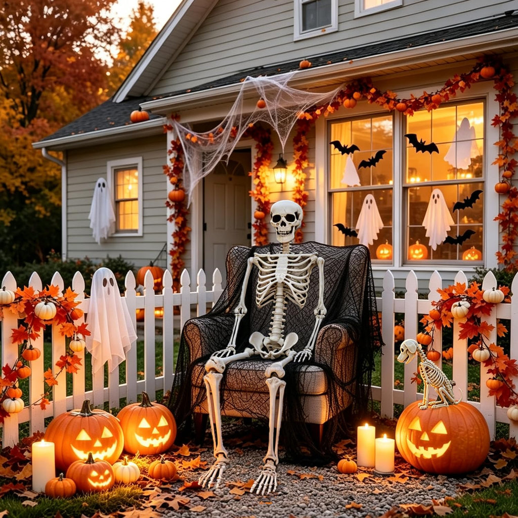 Life Size Posable Skeleton with Dog & Creepy Cloth S3507