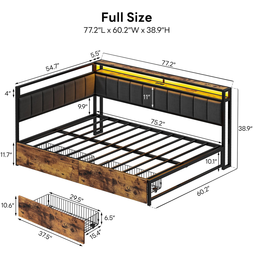 Full Corner Bed Frame with Storage Drawers, LED, Charging, Black L318010
