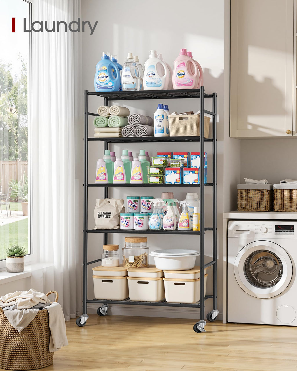 5-Tier Storage Shelves Black with Wheels X46919
