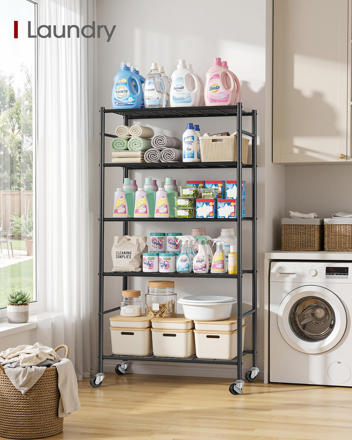 5-Tier Storage Shelves Black with Wheels X46919