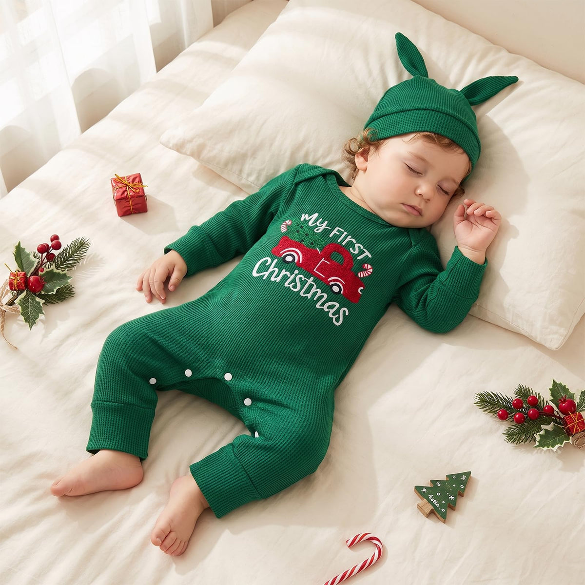 Christmas Baby Boy Waffle Romper Jumpsuit Hat S13944