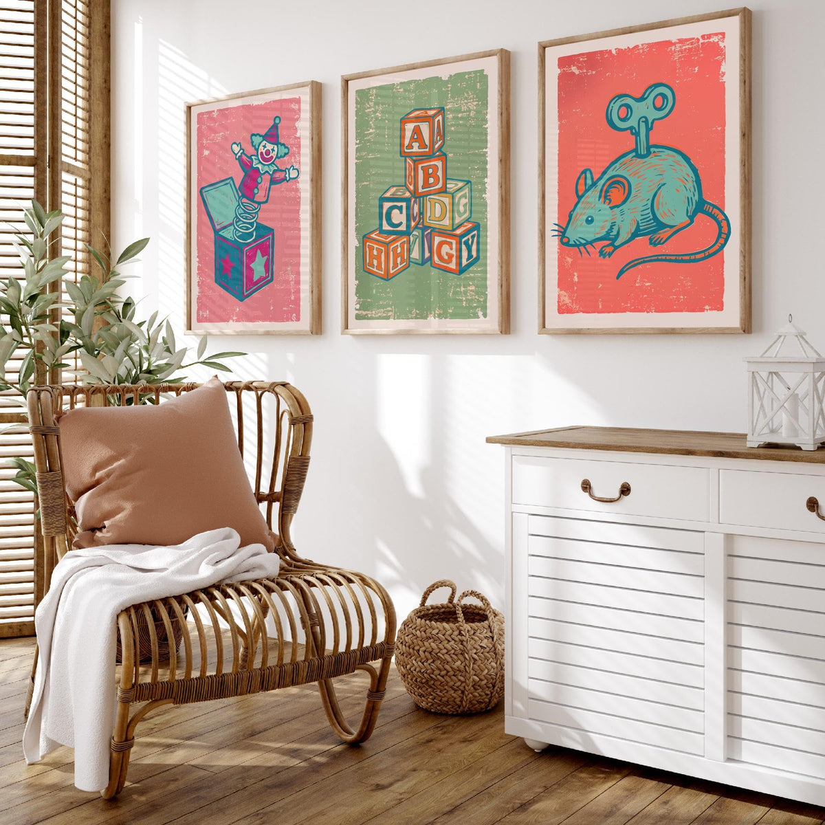 Art Prints Set of 3 Retro Linocut Style Y152