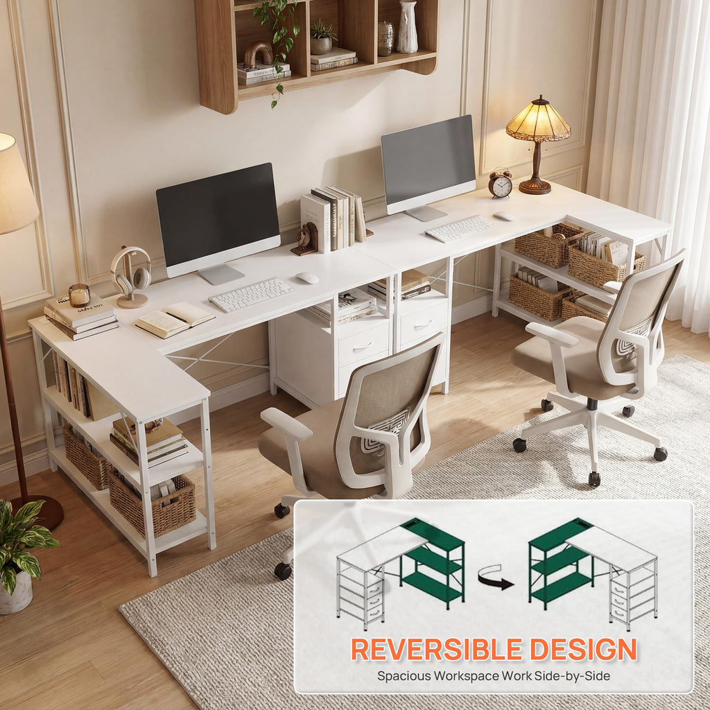 White 47 Inch L Shaped Gaming Desk with 3 Drawers and Shelves P7884
