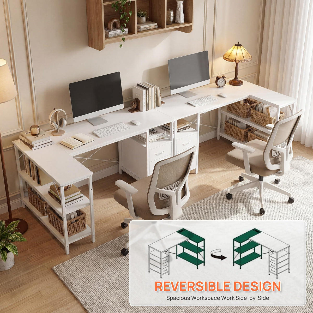 White 47 Inch L Shaped Gaming Desk with 3 Drawers and Shelves P7884