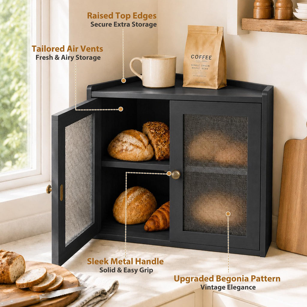 Black 2-Tier Wooden Corner Bread Box S78929