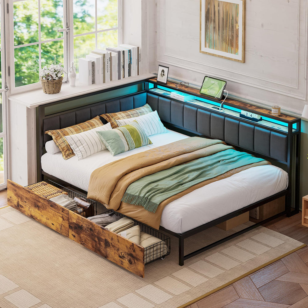 Full Corner Bed Frame with Storage Drawers, LED, Charging, Black L318010