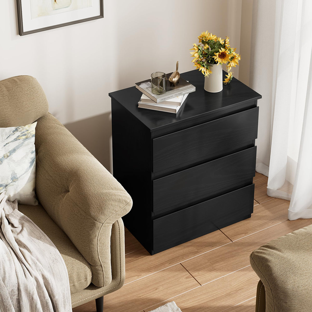 Black 3 Drawer Nightstand U980
