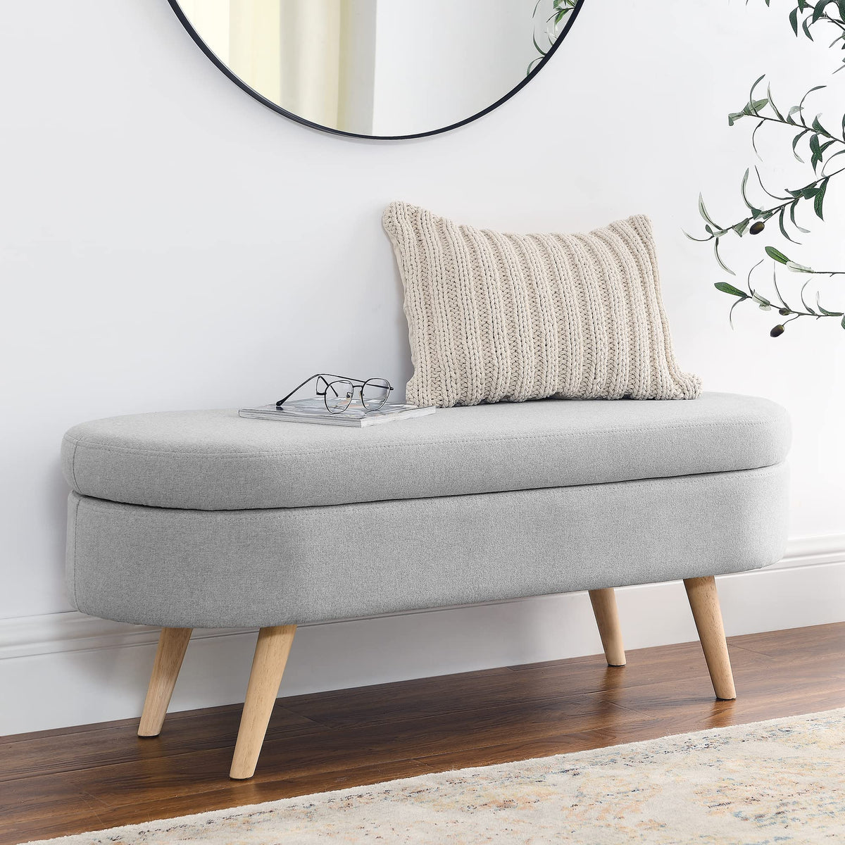 Oval Storage Bench with Linen Fabric and Rubber Wood Legs Grey P437819