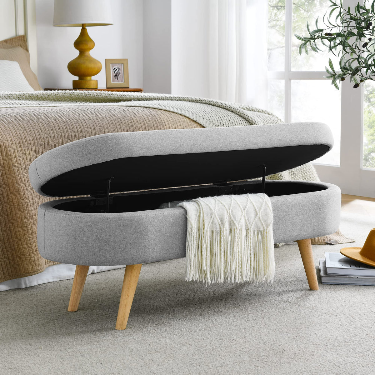 Oval Storage Bench with Linen Fabric and Rubber Wood Legs Grey P437819
