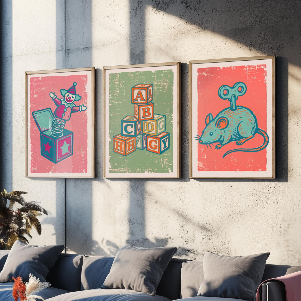 Art Prints Set of 3 Retro Linocut Style Y152