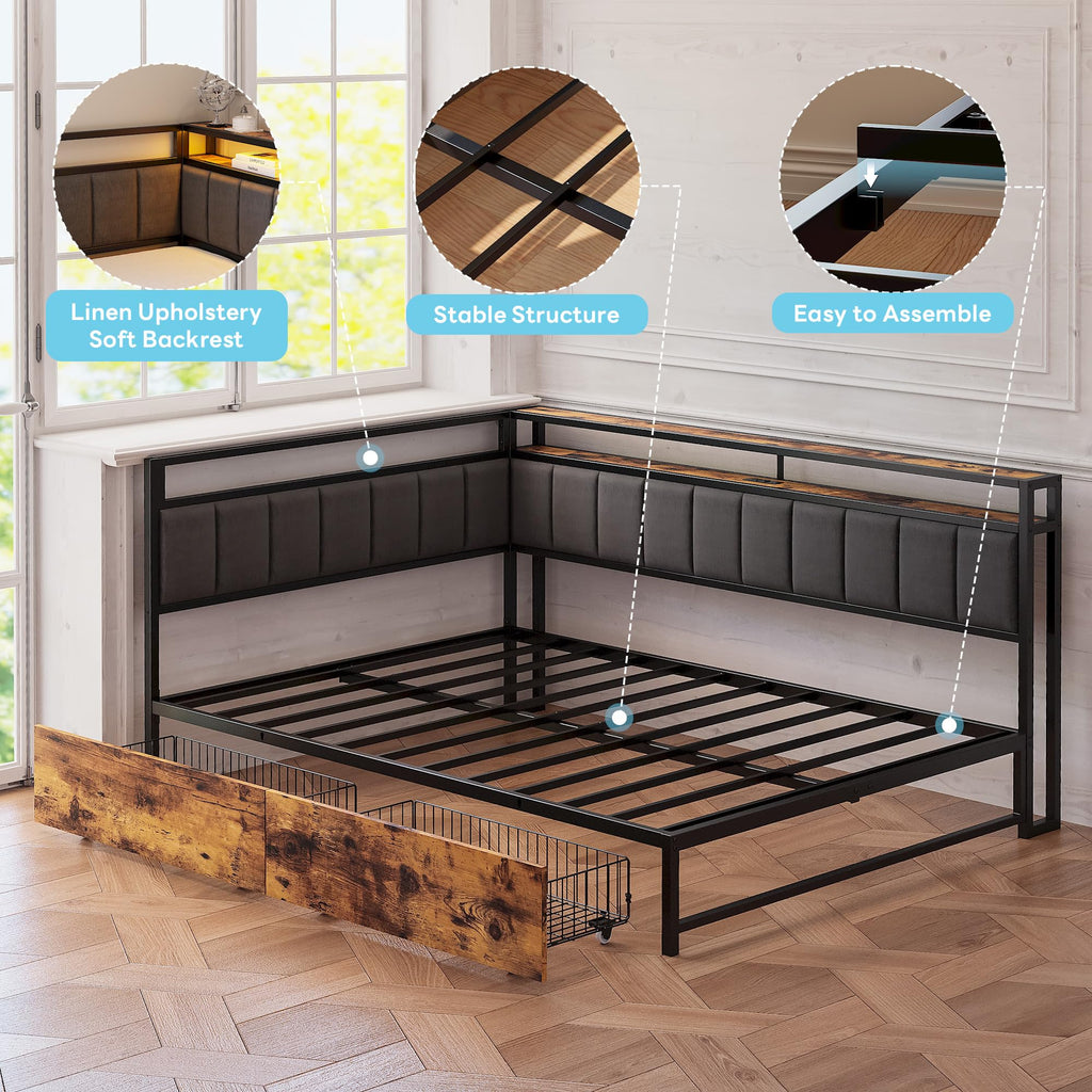 Full Corner Bed Frame with Storage Drawers, LED, Charging, Black L318010
