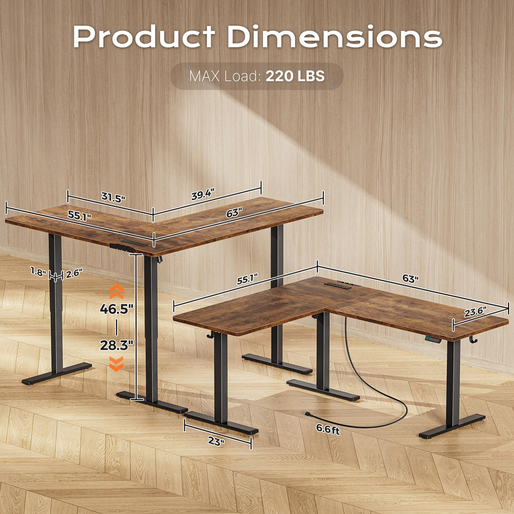 63 x 55 Inch L Shaped Standing Desk with Power Outlets Y743