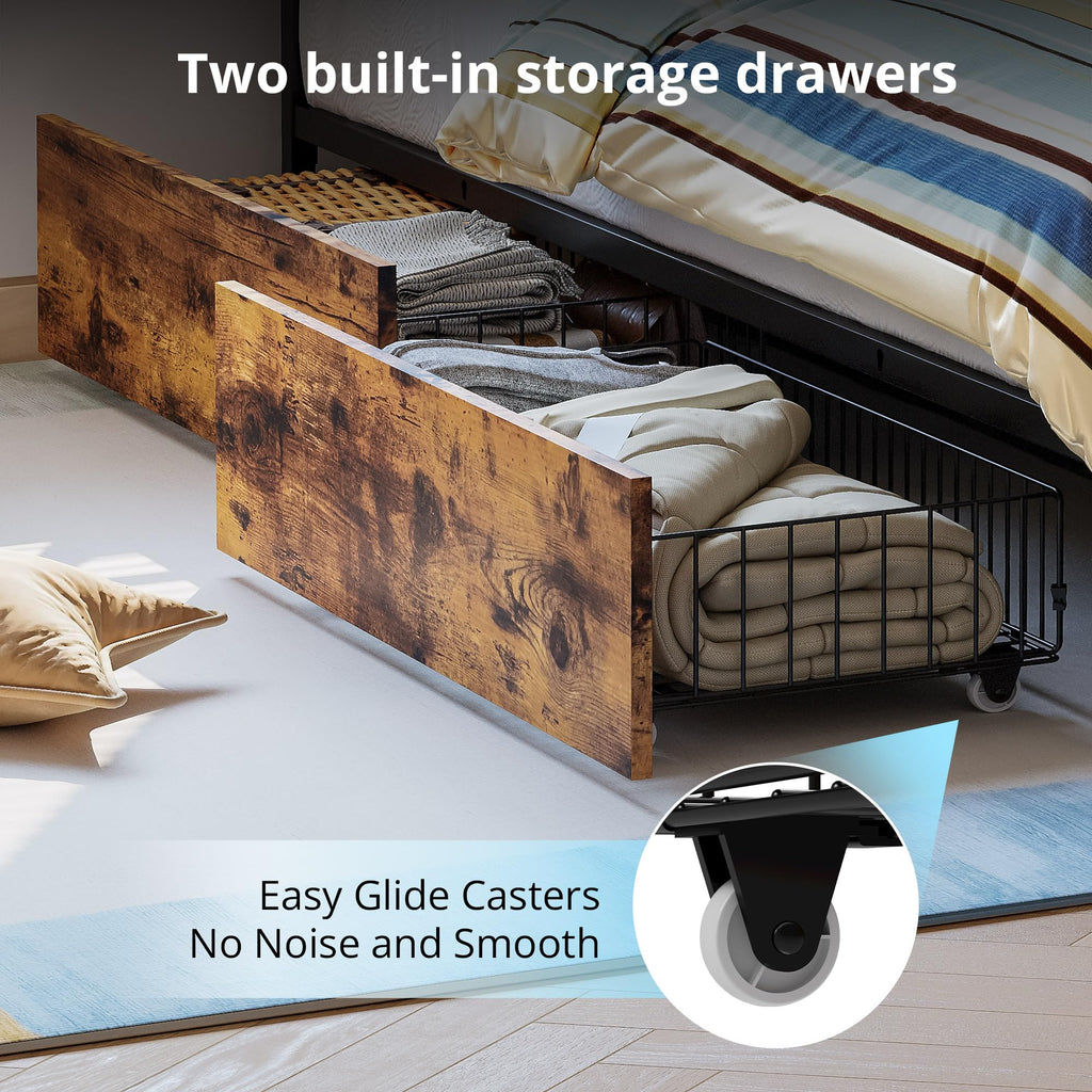 Full Corner Bed Frame with Storage Drawers, LED, Charging, Black L318010