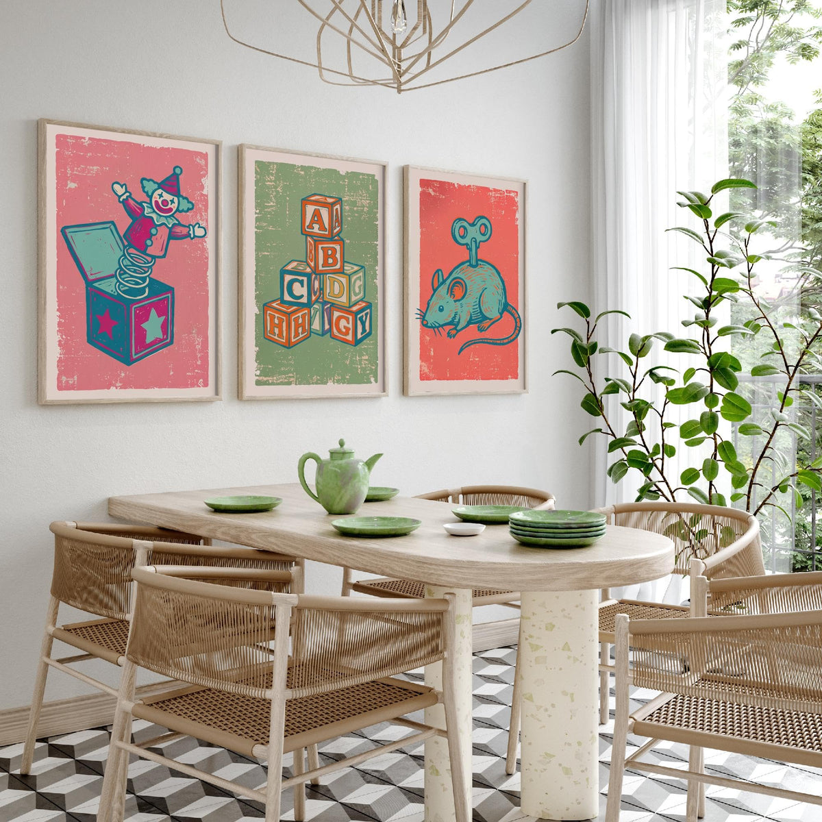 Art Prints Set of 3 Retro Linocut Style Y152