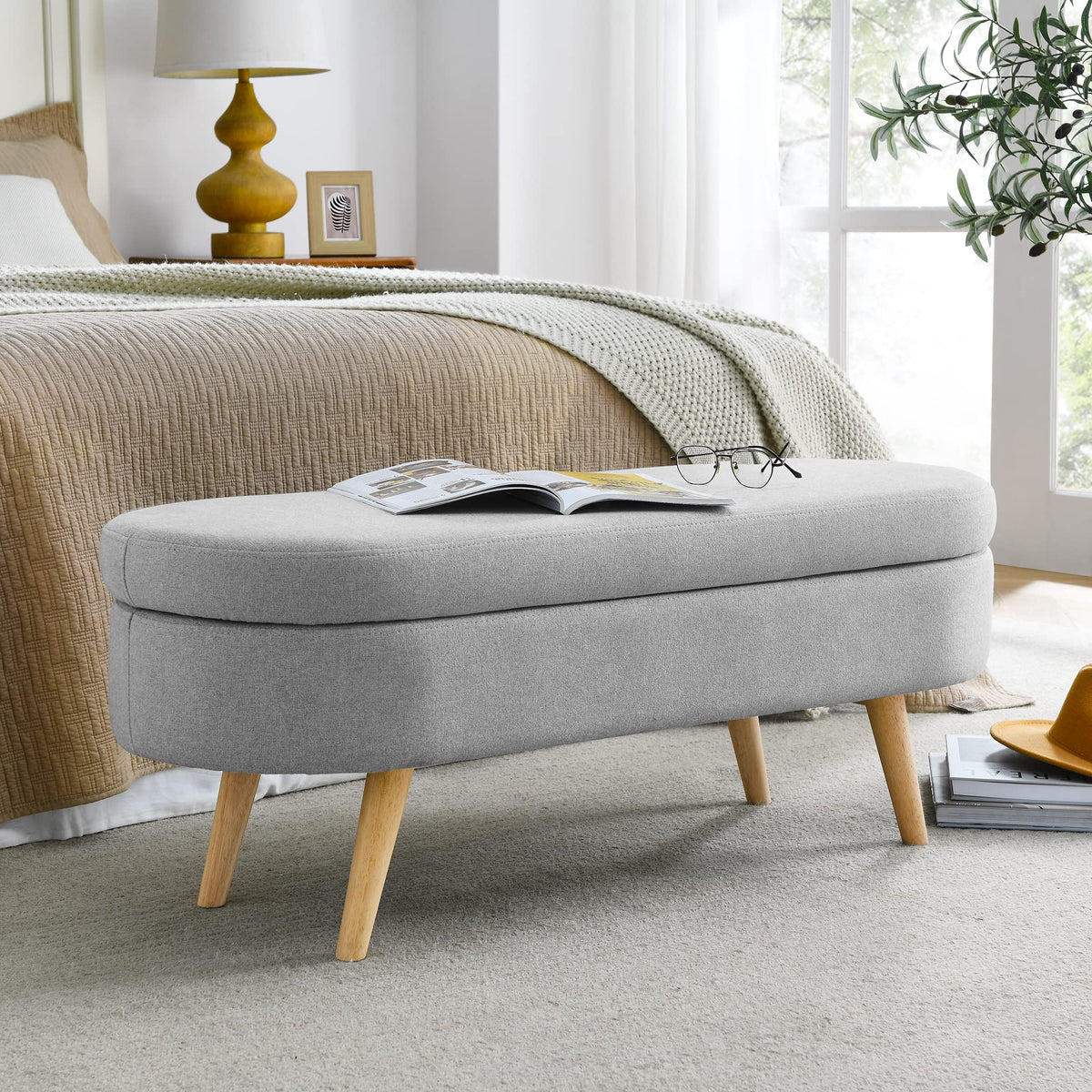 Oval Storage Bench with Linen Fabric and Rubber Wood Legs Grey P437819