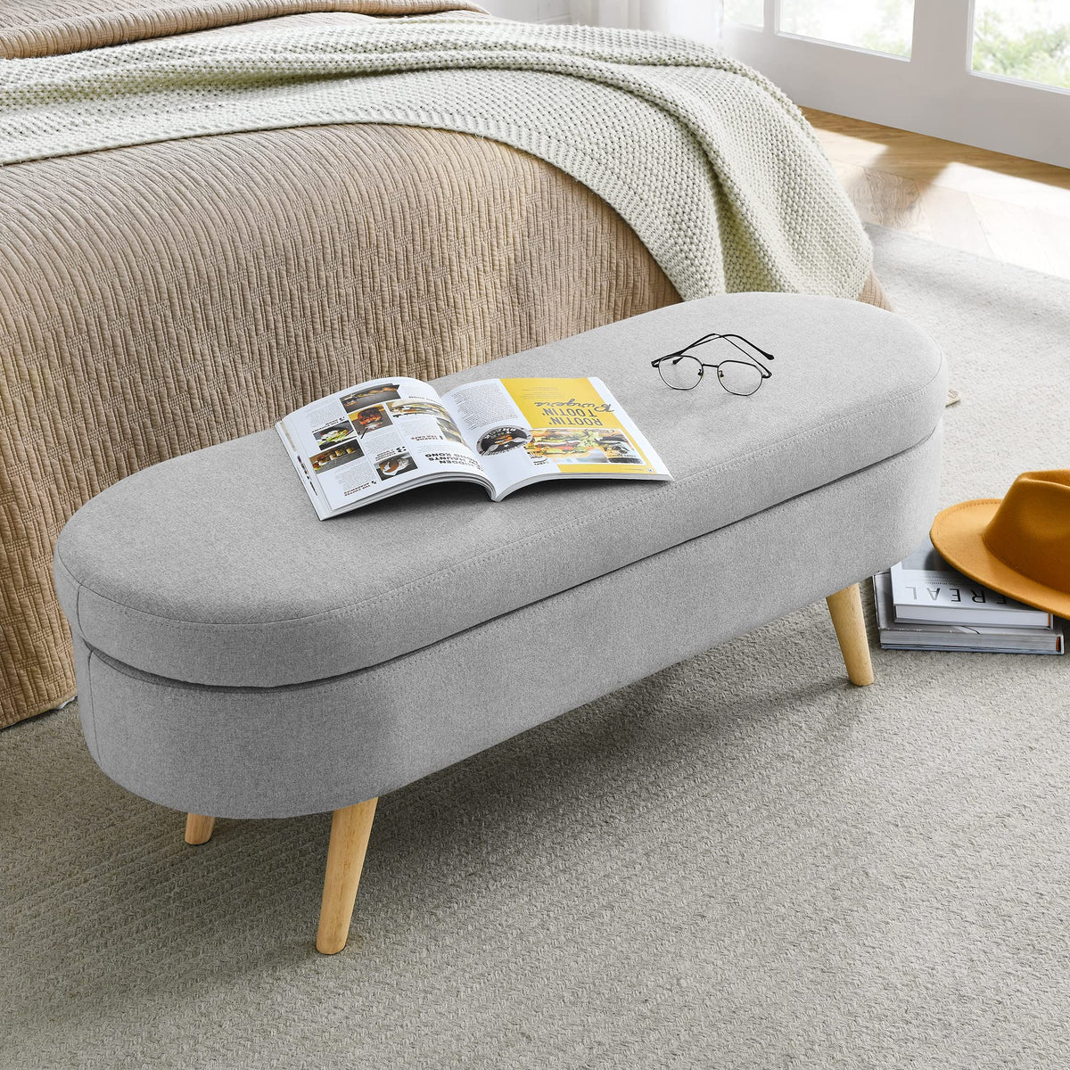 Oval Storage Bench with Linen Fabric and Rubber Wood Legs Grey P437819