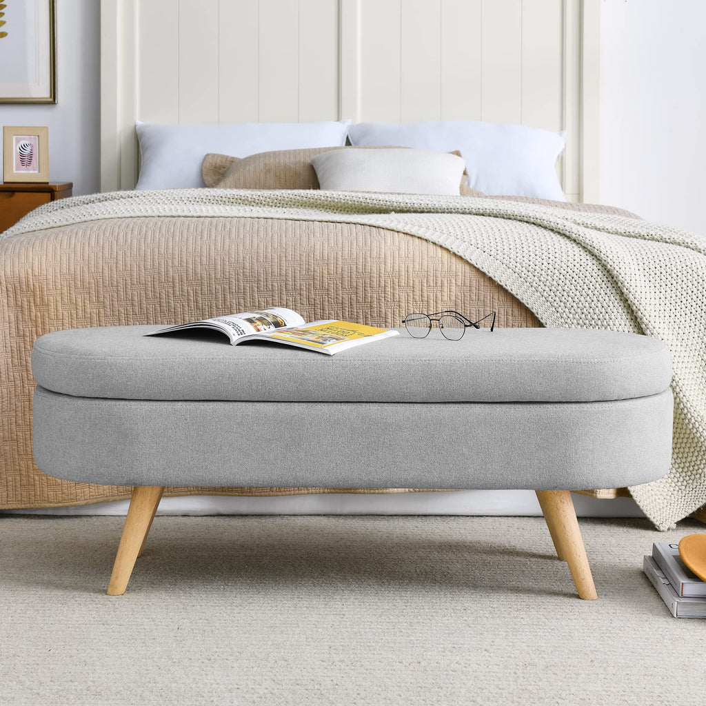 Oval Storage Bench with Linen Fabric and Rubber Wood Legs Grey P437819
